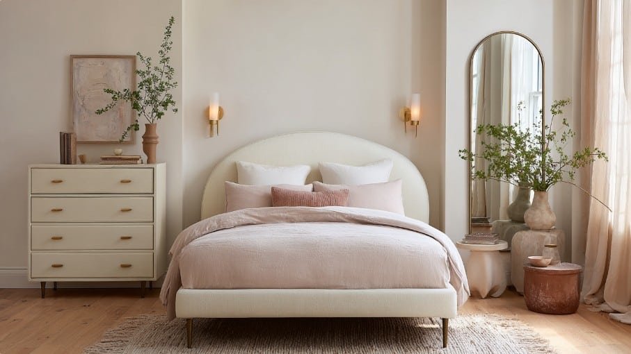 Bed Frame Assembly Services for an elegant cream upholstered bed in a decorated Boca Raton bedroom.