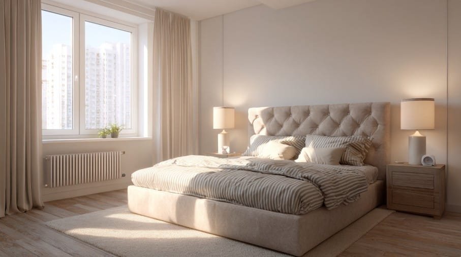 Bed Frame Assembly Services for a beige upholstered bed frame in a bright Boca Raton apartment.