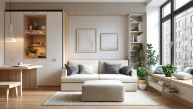Small apartment living room with multi-functional furniture and storage solutions