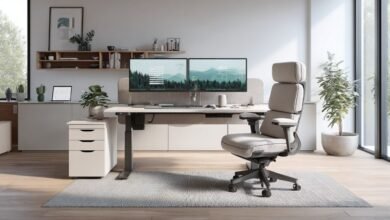 Modern home office with a sleek adjustable desk, ergonomic chair, and tech setup