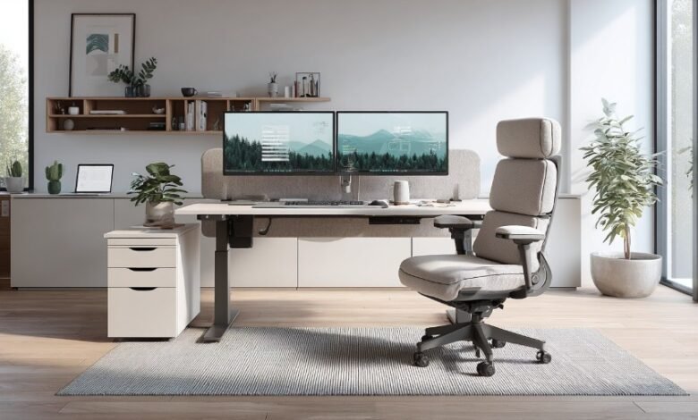 Modern home office with a sleek adjustable desk, ergonomic chair, and tech setup