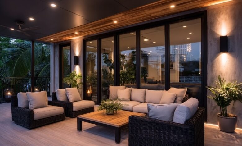 Outdoor patio with weather-resistant rattan chairs, cushions, and a covered pergola