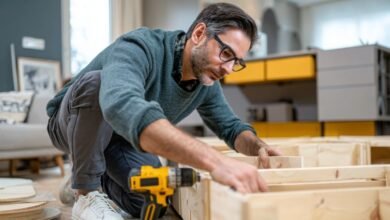 A man assembling a piece of furniture using basic tools at home