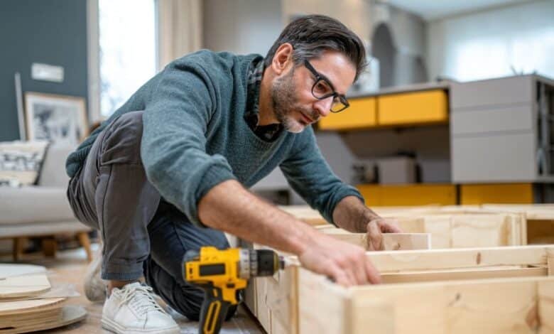A man assembling a piece of furniture using basic tools at home