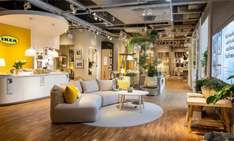 IKEA store entrance with shopping carts and modern furniture displays