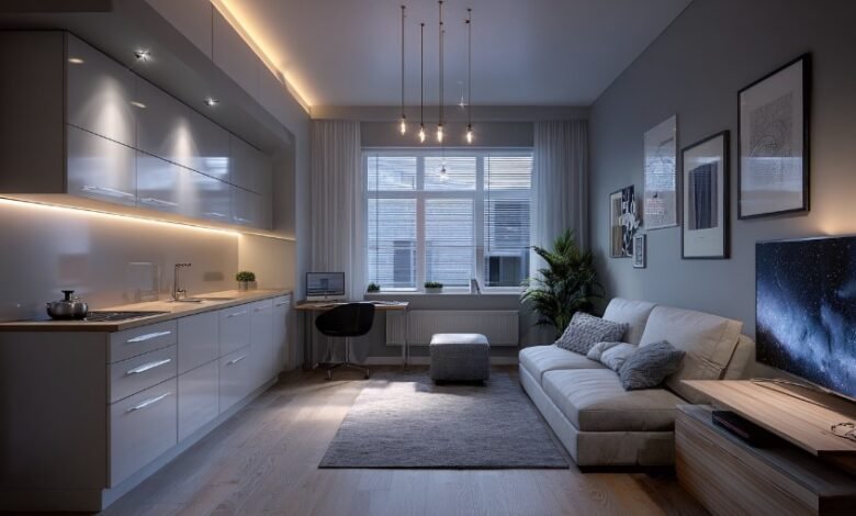 Modern small apartment with multipurpose furniture and neutral minimalist decor