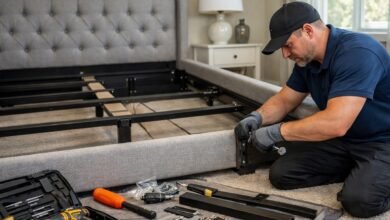 Professional assembling an Ashley Furniture bed frame in a Boca Raton bedroom