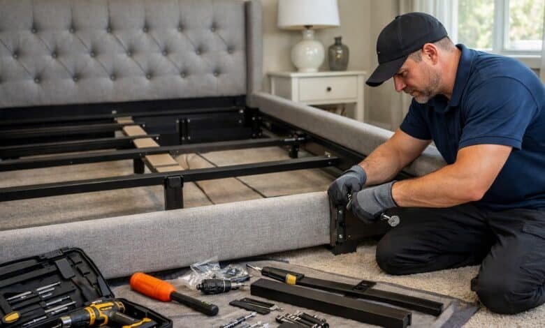 Professional assembling an Ashley Furniture bed frame in a Boca Raton bedroom