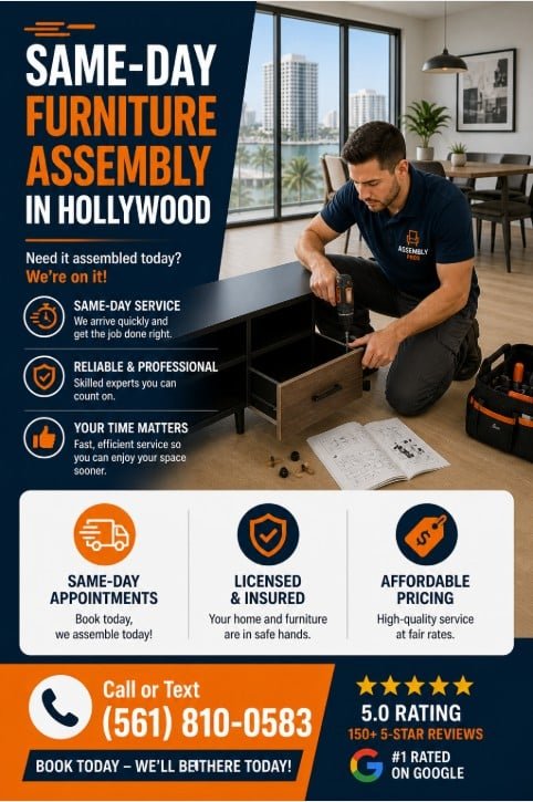 same day furniture assembly in Hollywood FL technician assembling cabinet in modern apartment