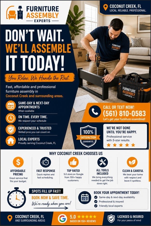 Affordable furniture assembly service in Coconut Creek FL starting from 60 dollars with technician and tools