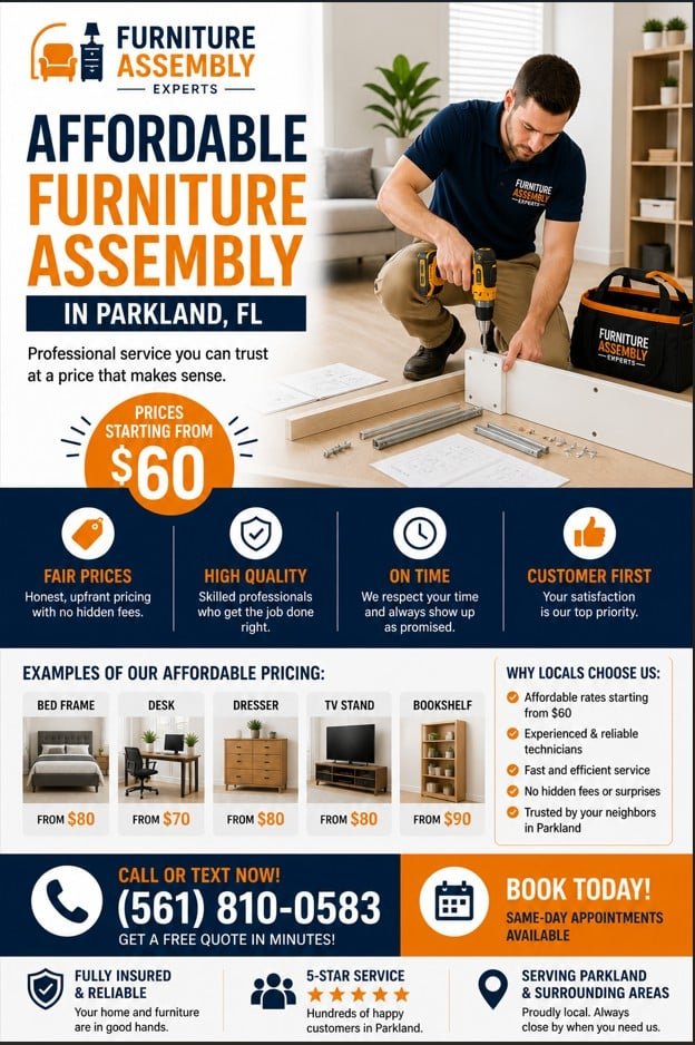 Affordable furniture assembly service in Parkland FL starting from 60 dollars