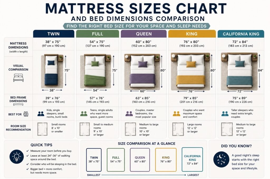 mattress sizes chart comparison twin full queen king california king dimensions