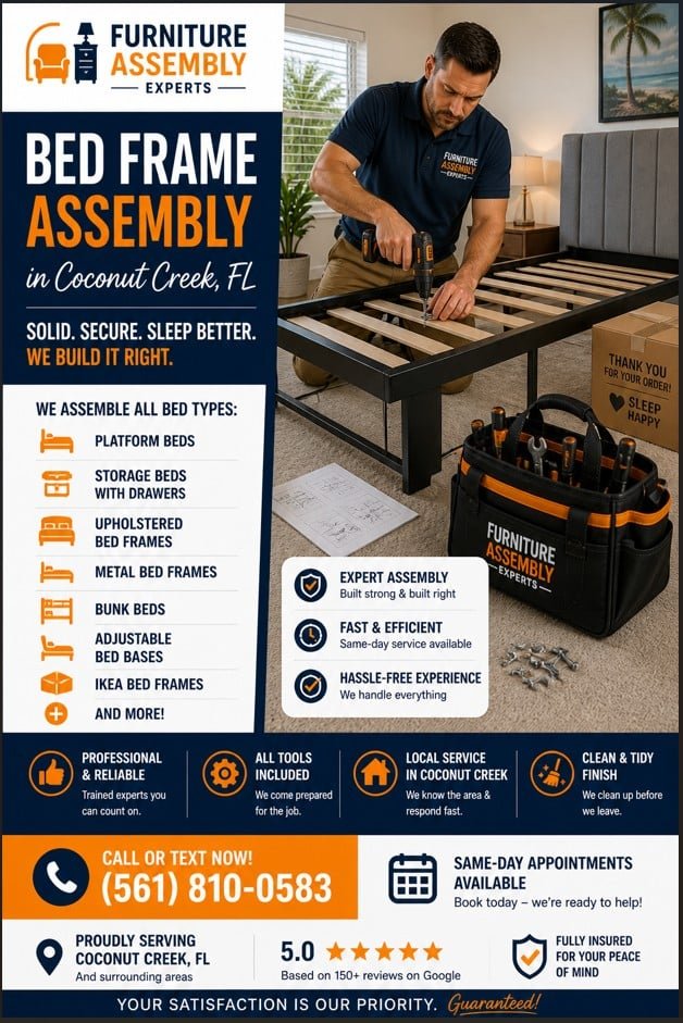 Technician assembling bed frame in Coconut Creek FL bedroom with tools and wooden slats