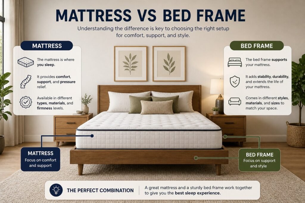 mattress vs bed frame difference example in bedroom layout