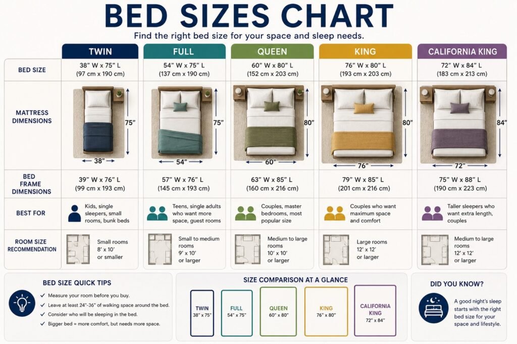 bed sizes chart showing twin full queen king and california king dimensions