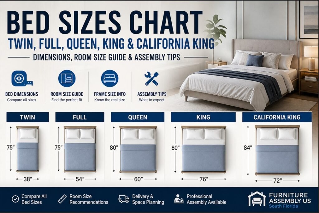 Bed sizes chart showing Twin, Full, Queen, King and California King dimensions with room size guide