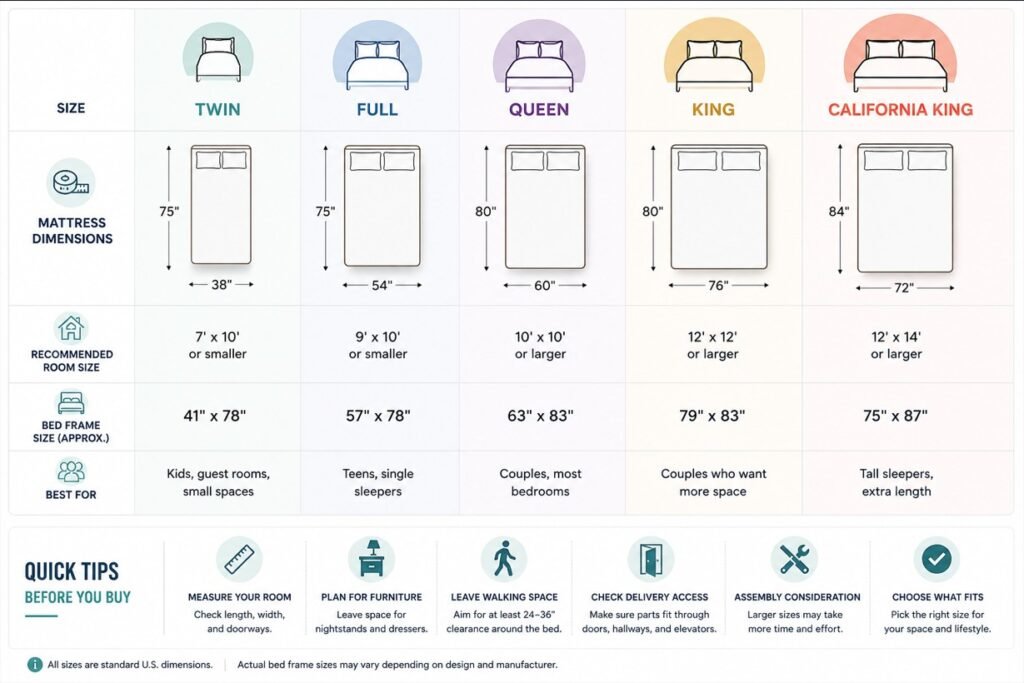 bed sizes chart with mattress dimensions room size and bed frame guide