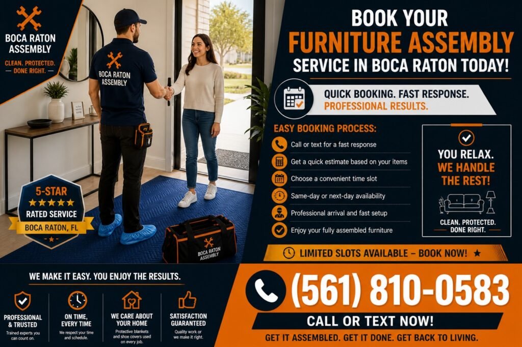 Furniture assembly technician greeting customer at home in Boca Raton