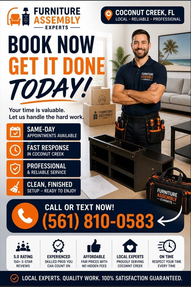Furniture assembly technician ready for booking in Coconut Creek FL with phone number and tools