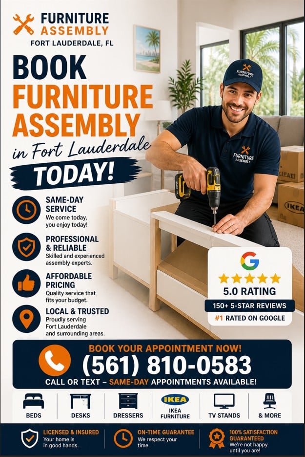 Book furniture assembly in Fort Lauderdale FL today same day service technician assembling furniture and smiling ready to help