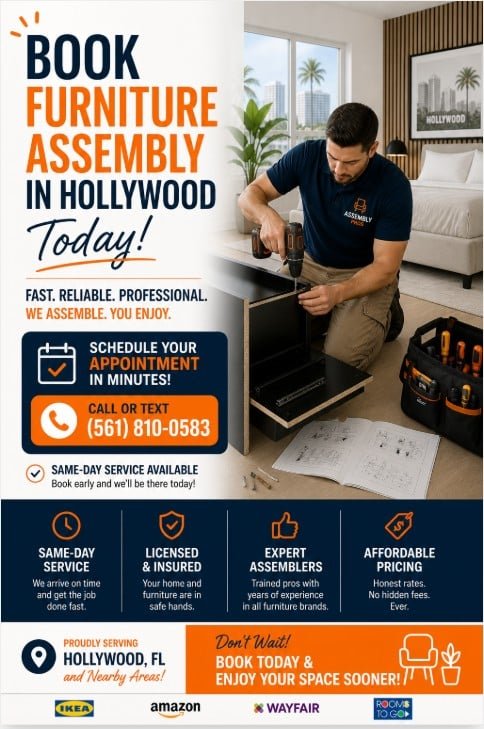 book furniture assembly in Hollywood FL technician assembling cabinet in modern bedroom same day service