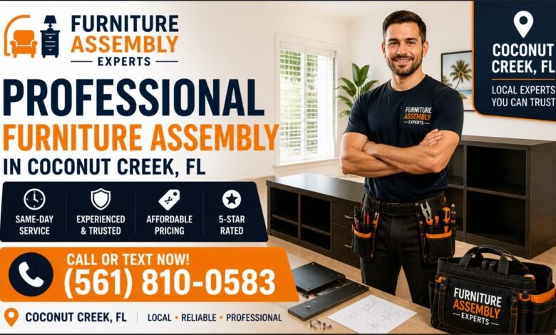 Professional furniture assembly technician standing in Coconut Creek FL home with tools and assembled furniture