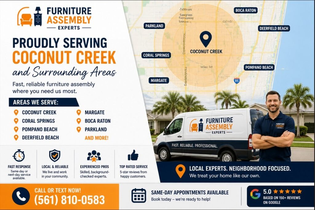 Furniture assembly service area map showing Coconut Creek FL and nearby cities with local coverage