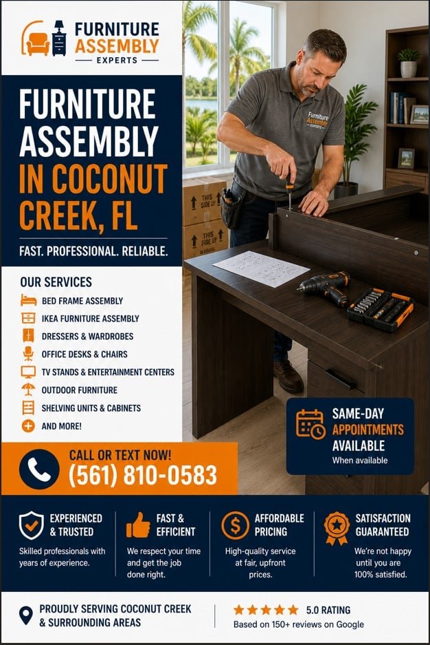 Technician assembling office desk in Coconut Creek FL home office with tools and furniture parts