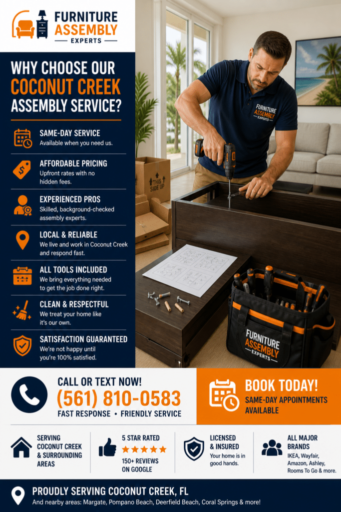 Professional technician assembling dark wood furniture in Coconut Creek FL home with tools and boxes nearby