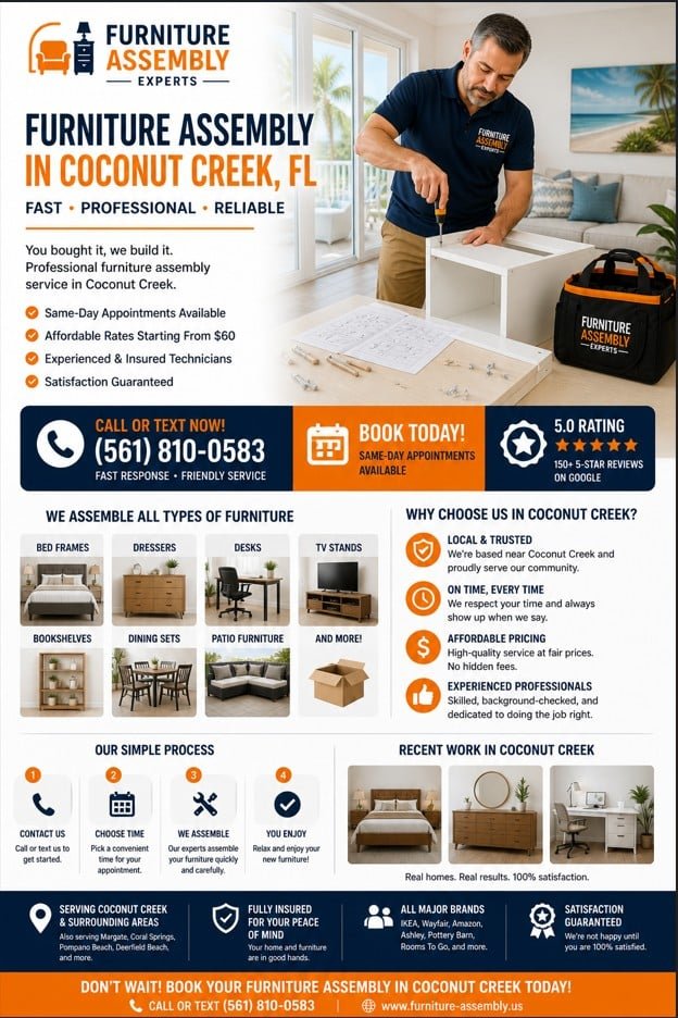 Professional furniture assembly technician working in Coconut Creek FL home with tools and modern interior