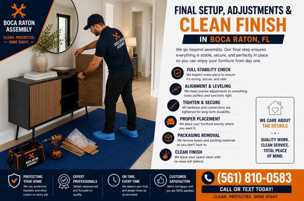 Furniture assembly technician in Boca Raton adjusting cabinet on protective blanket wearing shoe covers in modern home