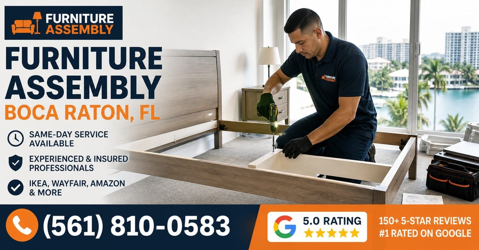 Professional technician assembling bed frame in Boca Raton condo with same-day furniture assembly service