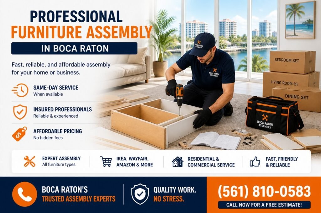 Professional furniture assembly service in Boca Raton with technician assembling cabinet in modern waterfront condo