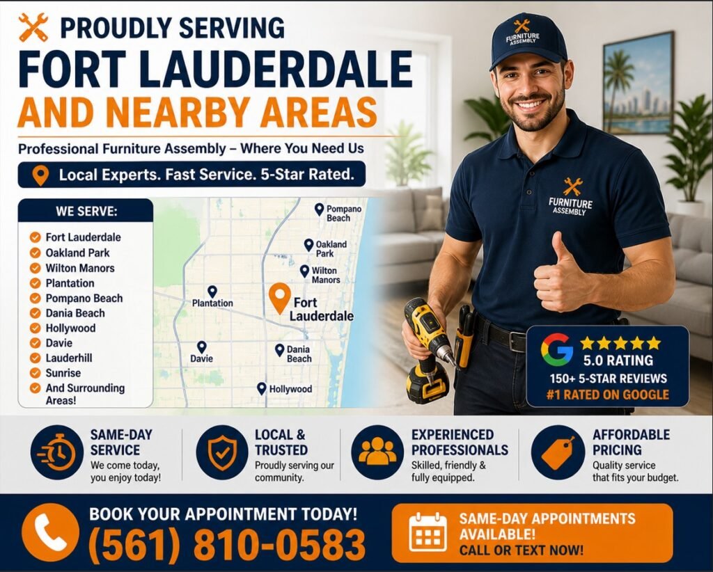 Furniture assembly service area in Fort Lauderdale FL and nearby cities with local technician and map coverage
