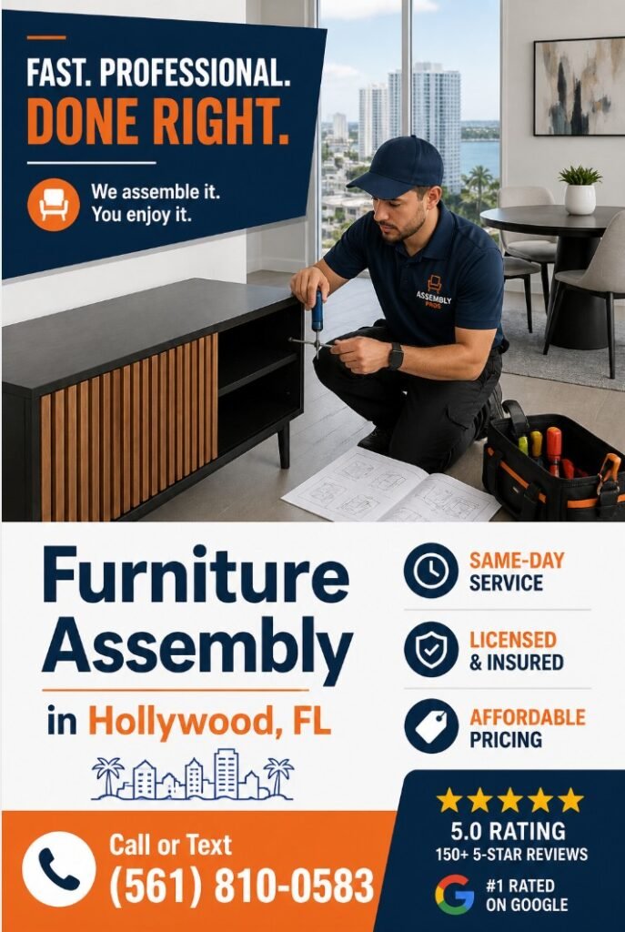 Professional furniture assembly service in Hollywood FL technician assembling TV stand in modern condo