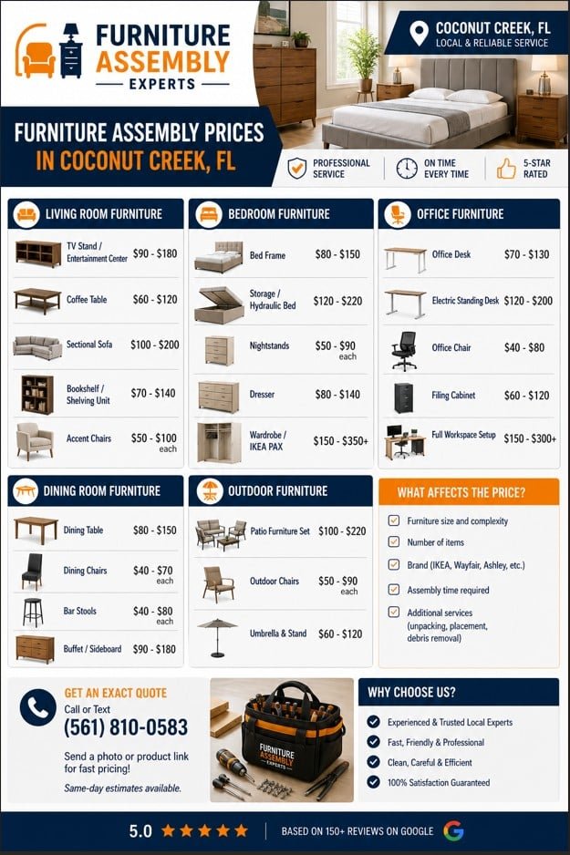 Furniture assembly pricing chart in Coconut Creek FL showing costs for beds desks and home furniture