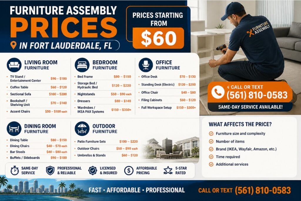 Furniture assembly prices in Fort Lauderdale FL infographic showing costs for bed assembly TV stand desk IKEA furniture and more
