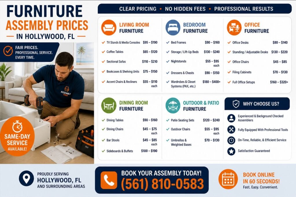 furniture assembly prices in Hollywood FL cost list for beds desks tv stands and home furniture