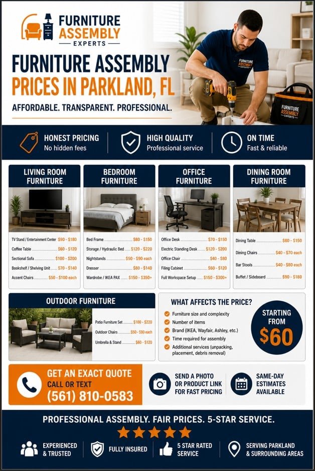 Furniture assembly price list in Parkland FL showing costs for beds, desks, and living room furniture