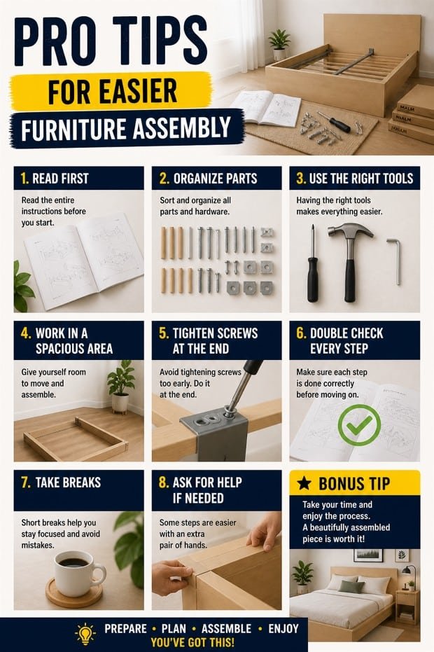 furniture assembly pro tips with tools and organized workspace for easy setup