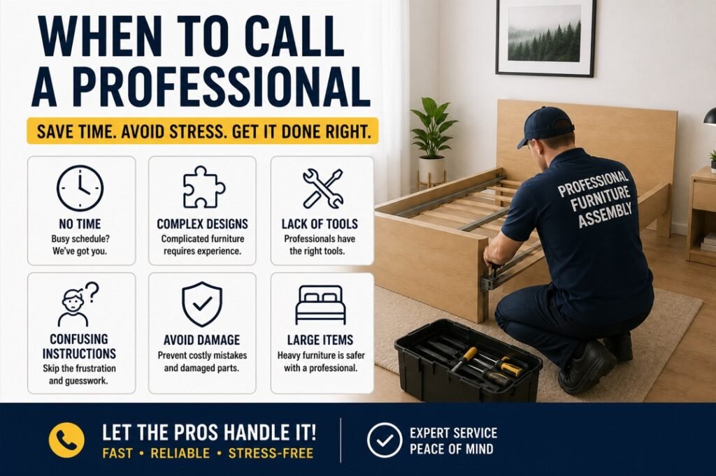 professional furniture assembly technician installing bed frame in modern home