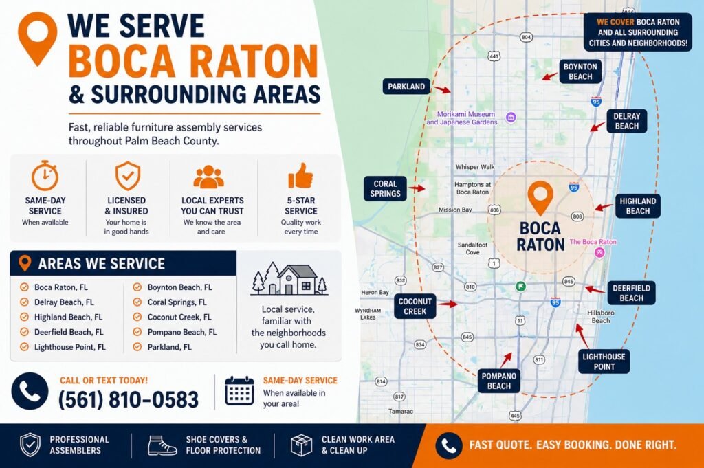 Furniture assembly service area map showing Boca Raton and nearby cities in Palm Beach County Florida