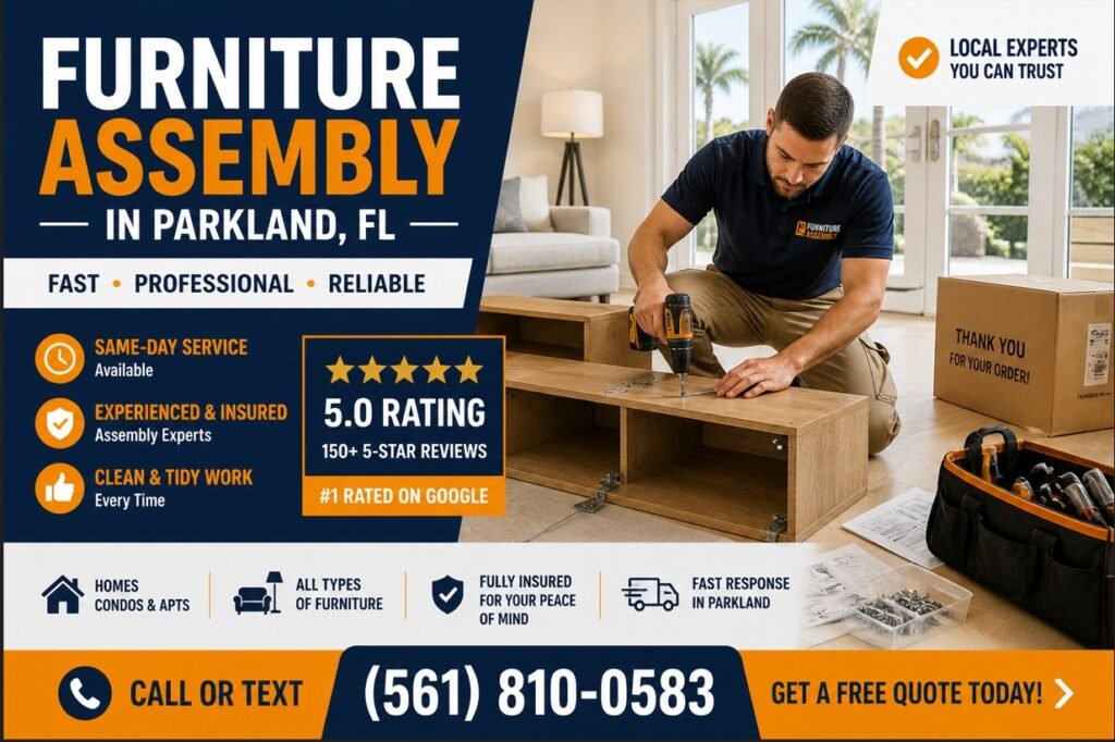 Technician assembling wooden wardrobe in Parkland FL bedroom