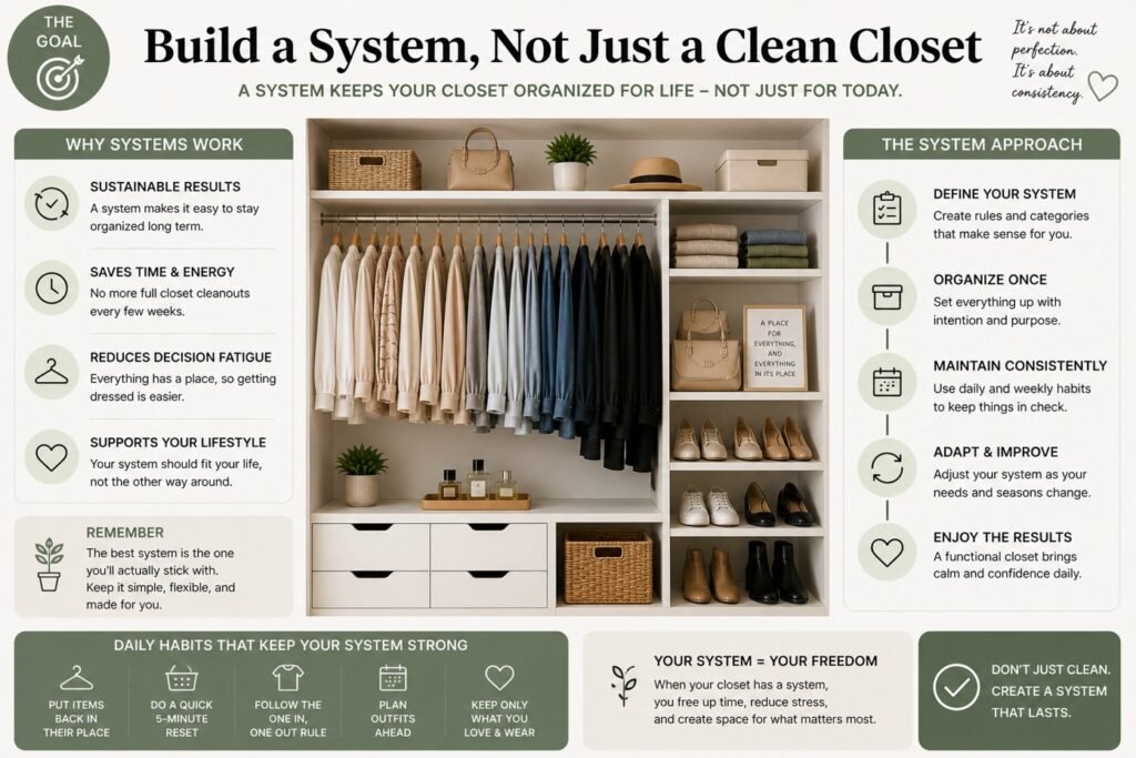 Closet organization infographic explaining how to build a system for long-term organization
