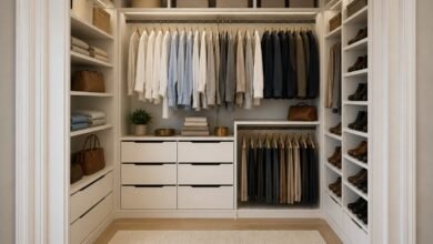 Clean and well-organized closet with neatly arranged clothes, shelves, and storage solutions