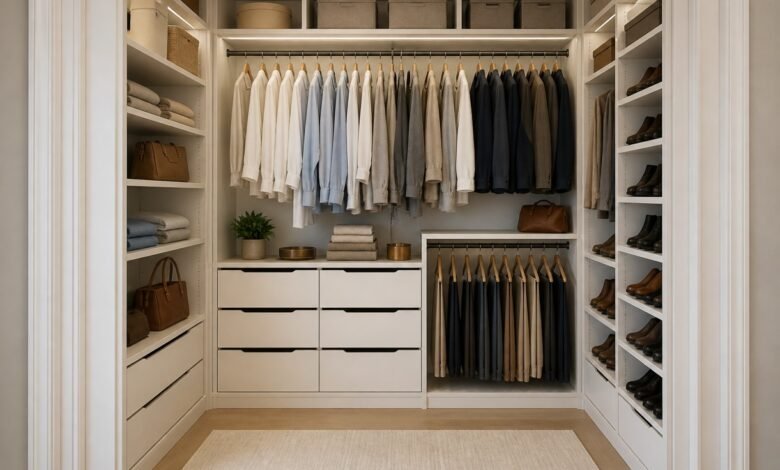 Clean and well-organized closet with neatly arranged clothes, shelves, and storage solutions