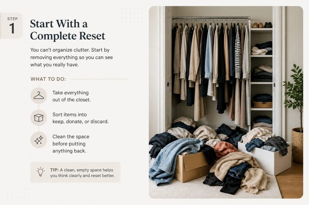 Step-by-step closet organization infographic showing how to declutter and reset your closet
