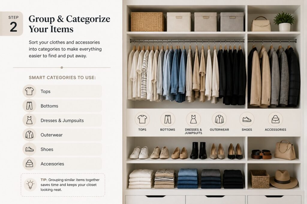 Closet organization infographic showing how to categorize clothes into sections like tops, bottoms, and accessories