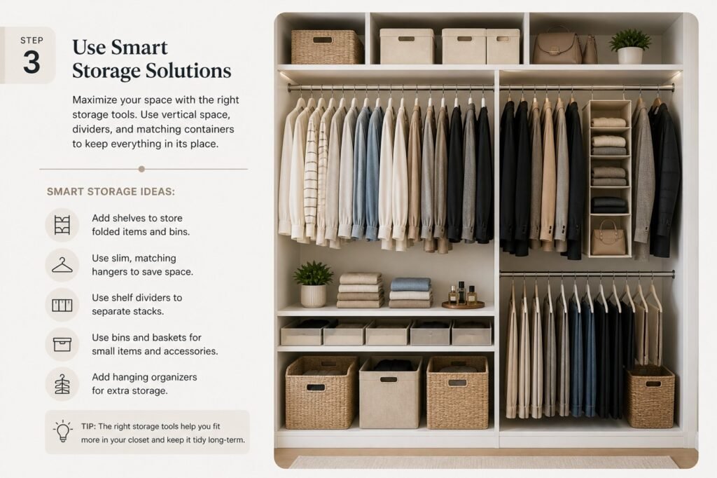 Closet organization infographic showing smart storage solutions like shelves, bins, and hanging organizers