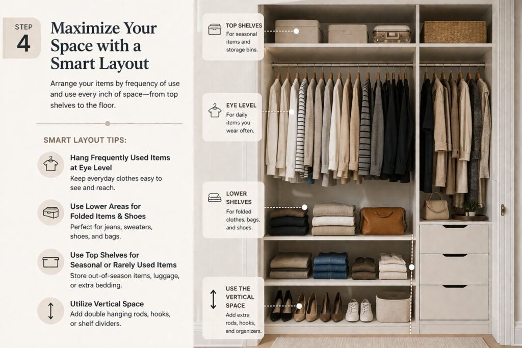 Closet layout infographic showing how to maximize space with vertical storage and smart item placement